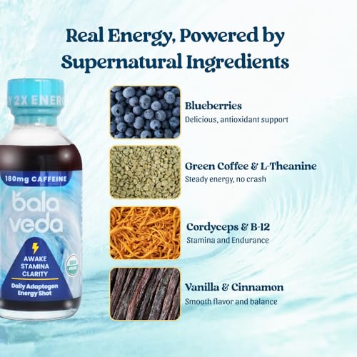 Image of balaveda Wild Awake USDA Organic 2x Energy Shot - Blueberry Vanilla - 180mg Clean Caffeine with Cordyceps, Eleuthero, L-Theanine + Vitamin B12 - 2 fl oz (1 Bottle)