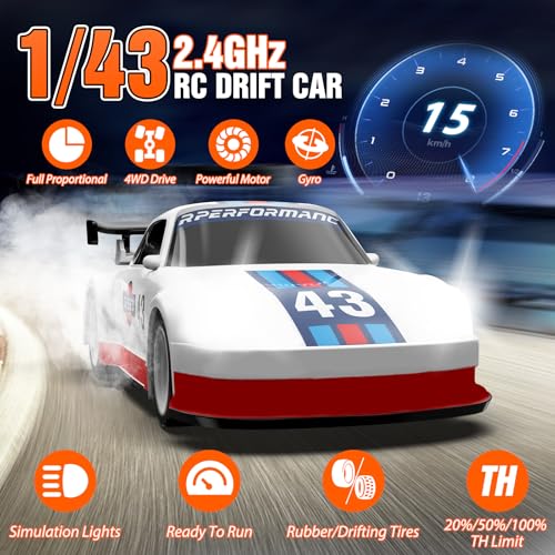 Image of RC Drift Car, 1 /43 Mini RC Drift Car with Gyroscope, 2.4GHz Full Proportional Remote Control Cars, 4WD High Speed Racing with Lights, Racing Tires, Model Cars Gift for Adults, Kids, Boys (White-P)