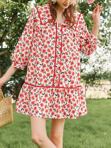 Image of Wenrine Womens Casual Shirt Dresses 3 /4 Long Sleeve Floral Button Down Flowy Babydoll Fall Mini Dress