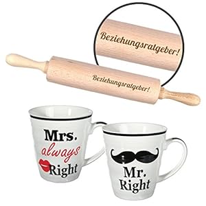 3-teiliges Geschenk zur Hochzeit ‚Mr & Mrs‘ Tassen und Teigroller mit Spruch zum auswählen/Präsent/Hochzeitsgeschenk…