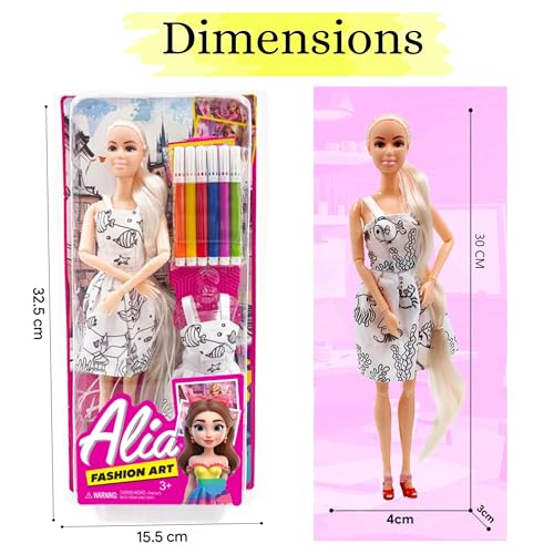 Image of Tickles Movable DIY Fashion Art Doll with Coloring Dress & 6 Markers | Creative Art Toy Birthday Gift for Kids Girls (Ages: 3+ Years, Size: 30 cm)