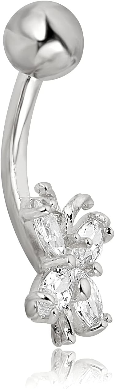 AVORA 10K Gold Simulated Diamond CZ Butterfly Belly Button Ring Body Jewelry (14 Gauge)