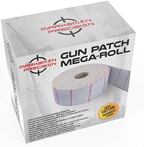 Marksman Precision Gun Patch MEGA-ROLL - Strong 100% Double Brushed Cotton Cloth - 10,000 Absorbent Patches - Cut to Size - Clean Rifle Handgun Shotgun Black Powder Pistol Revolver - Shooting Hunting