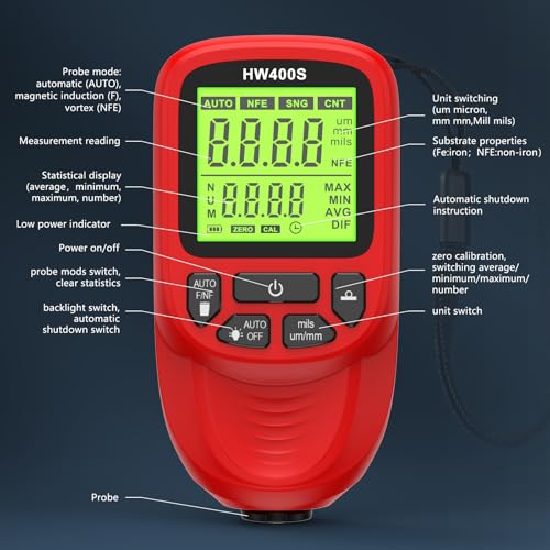 Medidor de Espesor de Pintura, Calibrador de Recubrimientos con Hoja de Calibración y Manual, Pantalla LED de Alta Definición para Medir Espesor de Recubrimientos Metálicos (Rojo) miniatura 6