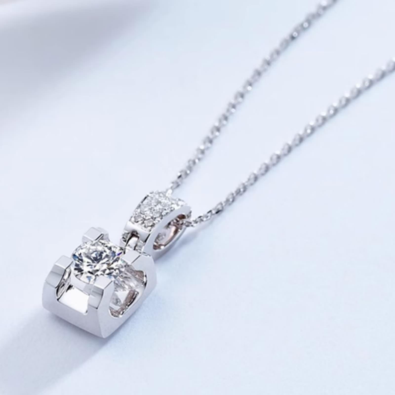 KnSam Joyas de oro real de 9 K/14 K/18 K, collar de mujer de oro blanco, cadena de diamante creada en laboratorio, colgante clásico de corte redondo, blanco, cadena para mujer Au 750/585/375