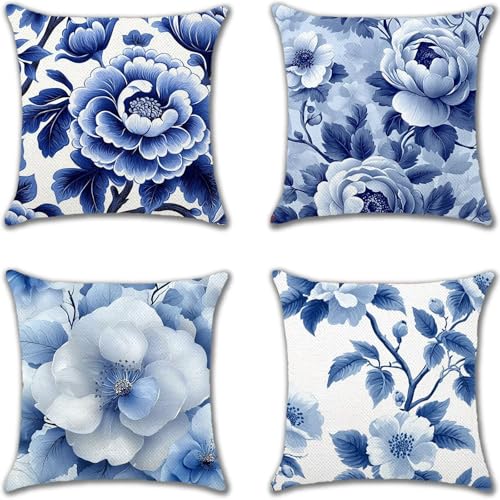 Hanjunng Funda Cojin 65x65cm, Rosa Cojines Exterior Jardin, Flor Lino Cojines Decorativos Juego de Cuatro Piezas, Colchoneta de para Exterior, con Cremallera Invisible, para Decoración Jardín S-4