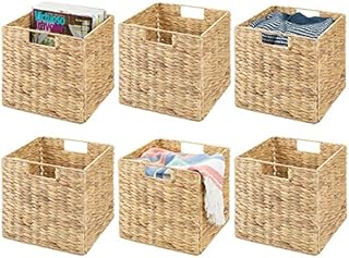 mDesign Set of 6 Storage Basket  Foldable Water Hyacinth Storage Box  Basket Storage Unit Ideal for Storing Clothes, Toys or Magazines  with Wickerwork Pattern  Natural