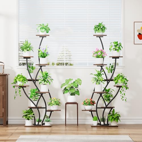 Image of Plant Stand Indoor with Grow Lights - Lighted Plant Shelf Indoor Tall, 61 inch 9 Tier Large Plant Stands for Indoor Growing, 2 Pack Corner Flower Shelf, Winged Metal Holder for Home Living Room, Black