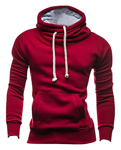BAMan Men Solid Color Funnel Neck Kangaroo Pocket Tight Fit Sporty Hoodie, Red L,Manufacturer(XXL)