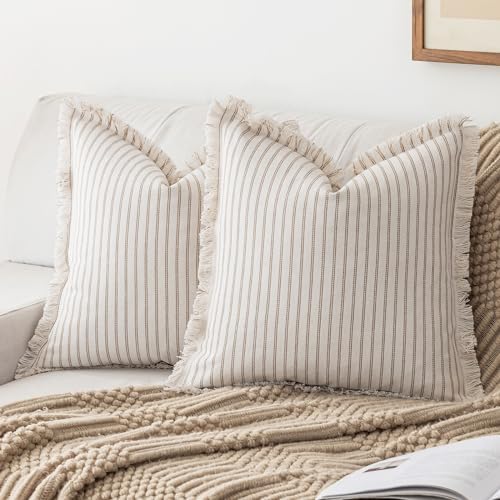 YEENAASY Throw Pillow Covers 18x18 Set of 2 Striped Fringe Pillow...