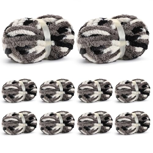 Image of 10 Pack Jumbo Chunky Yarn for Hand Knitting, Fluffy Chunky Chenille Yarn for Crocheting, Variegated Chunky Knit Baby Blanket Yarn, 240 yds /70.5 oz Super Bulky Yarn(Black-White-Grey)