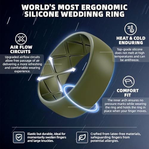 Egnaro Men's Silicone Rings 8mm Wide 2.5mm Thick, Multipack Ergonomic Rubber Wedding Bands For Him, Breathable Grooves For Workout2