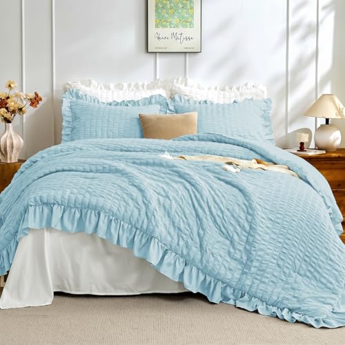 Image of JOLLYVOGUE Light Blue King Size Comforter Set, 3 Pieces Seersucker Comforter King Size, Lightweight & Fluffy Bedding Sets for All Season with 1 Ruffle Comforter and 2 Ruffle Pillowshams