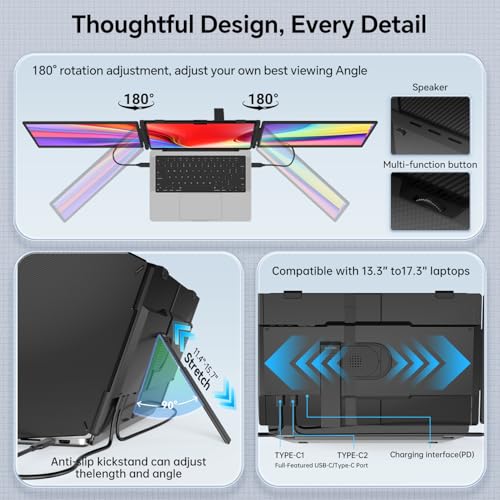 Image of APILDELLA 14'' Triple Laptop Screen Extender, 1080P FHD Laptop Extended, Ultra-Thin Portable Monitor for Laptop, Plug-Play Dual Monitor for 13-17.3'' Laptops, Work with Mac, Windows, Chrome
