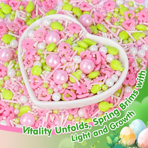 Image of Edible Sprinkles for Cake Decorations,Pink White Pearls and Jimmies,Heart and Flowers,Bright Green Balloons Sprinkle Mix,Spring Candy Sprinkles for Cakes,Cupcakes,Dessert Tables & Party Favors,Food Grade Sugar Decorating for Brunch,Wedding Birthday & Spring Baking