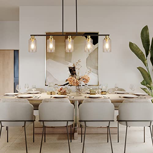 Kpiok Island Light For Kitchen, 5-Light Dining Room Light Fixture With Clear Glass Shade, Matte Black And Gold Finish Kitchen Island Pendant Lighting For Dining Table Kitchen Island Living Room #TOP1