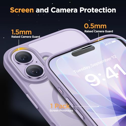 Image of Miracase Magnetic for iPhone 17 Case (Compatible with MagSafe) with Screen Protector Military-Grade Protection, Anti-Fingerprint Translucent Matte Phone Cover for iPhone 17 6.3 inch, Light Purple