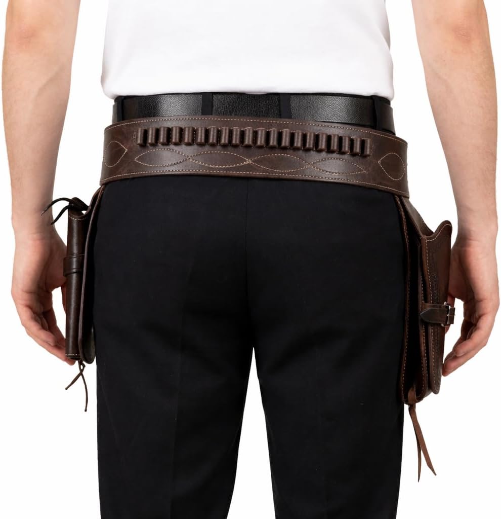 Premium Western Leather Double Gun Holster & Belt Set, Cowboy Revolver Holster Bag with Ammo Loops, Adjustable Buckle for Cosplay Costume Accessories -Brown