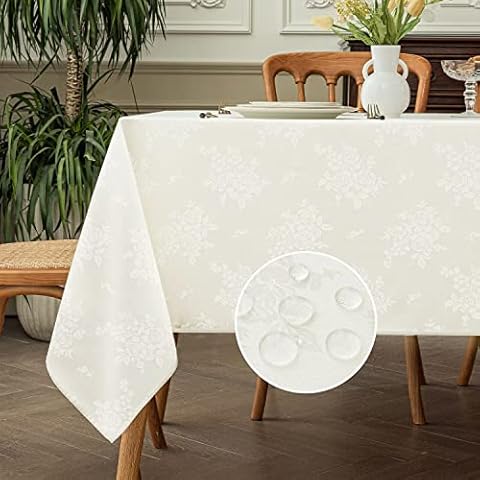 Romanstile Jacquard Rectangle Tablecloth, Waterproof Elegant Damask Rose Floral Pattern Table Cloth, Washable Decorative Polyester Table Cover for Kitchen/Dining/Parties - Ivory, 60 x 104 Inch Cover