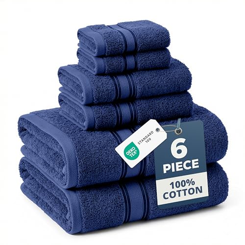 Image of Lane Linen Luxury Bath Towels Set - 6 Piece Set, 100% Cotton Bathroom Towel, Zero Twist, Quick Dry Shower Towels, Extra Soft Absorbent Towel, 2 Bath Towels, 2 Hand Towels, 2 Wash Cloths - Navy