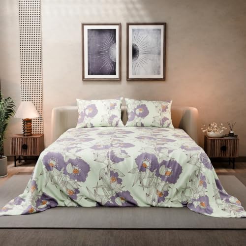 Image of BLISSHOME SoftTouch 140TC Cotton King Size Printed Bedsheet with 2 Pillow Covers for Double Bed, Silky Smooth Bedding Set, Breathable, Easy Maintain, Floral Print - White, Pink