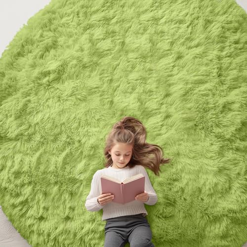OLANLY Grass Green Round Rugs for Bedroom - Machine Washable, 9 ft Circle Area Rugs for Living Room, Soft and Fluffy Shaggy Carpet for Teen Girls and Boys, Nursery Rooms, Dorms, Home Decor Aesthetic