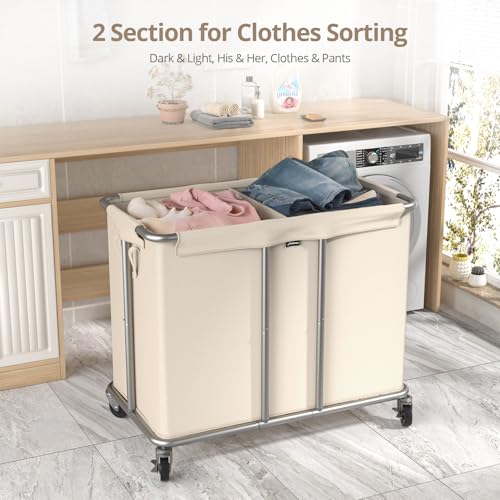 Hodonas-Rolling-Laundry-Hamper-2-Section-Beige-315Lx1575Wx307H-230L61Gal-Storage-Capacity-with-Metal-Structure-Removable-Liner-and-Silent-Casters-Sturdy-Clothes-Hamper-for-Home