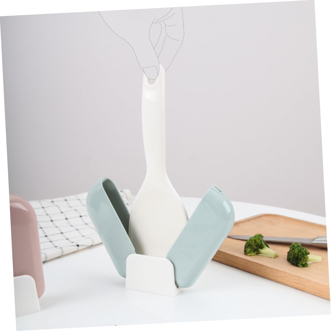 CIYODO 2pcs Spoon Holder Rack Dustproof Rice Spoon Storage with Automatic Open Feature Modern Green Design for Kitchen Organization and Cleanliness