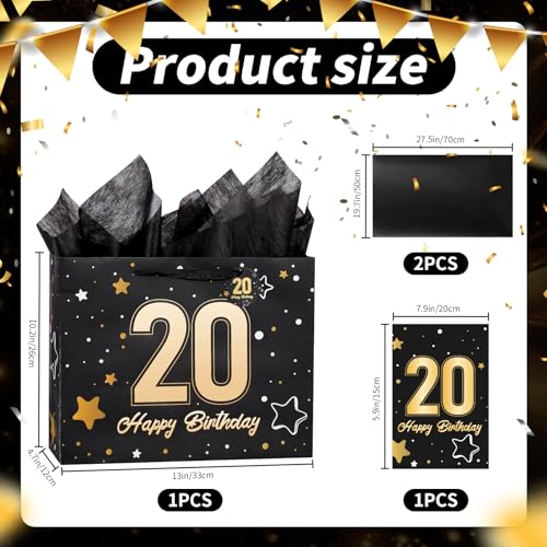 Image of Powbrace 13 inch Black 20th Birthday Gift Bag with Tissue Paper and Greeting Card for Party,Happy Birthday Gift Bag for Men Women,Gift Bags Medium size(1 Black 20th)