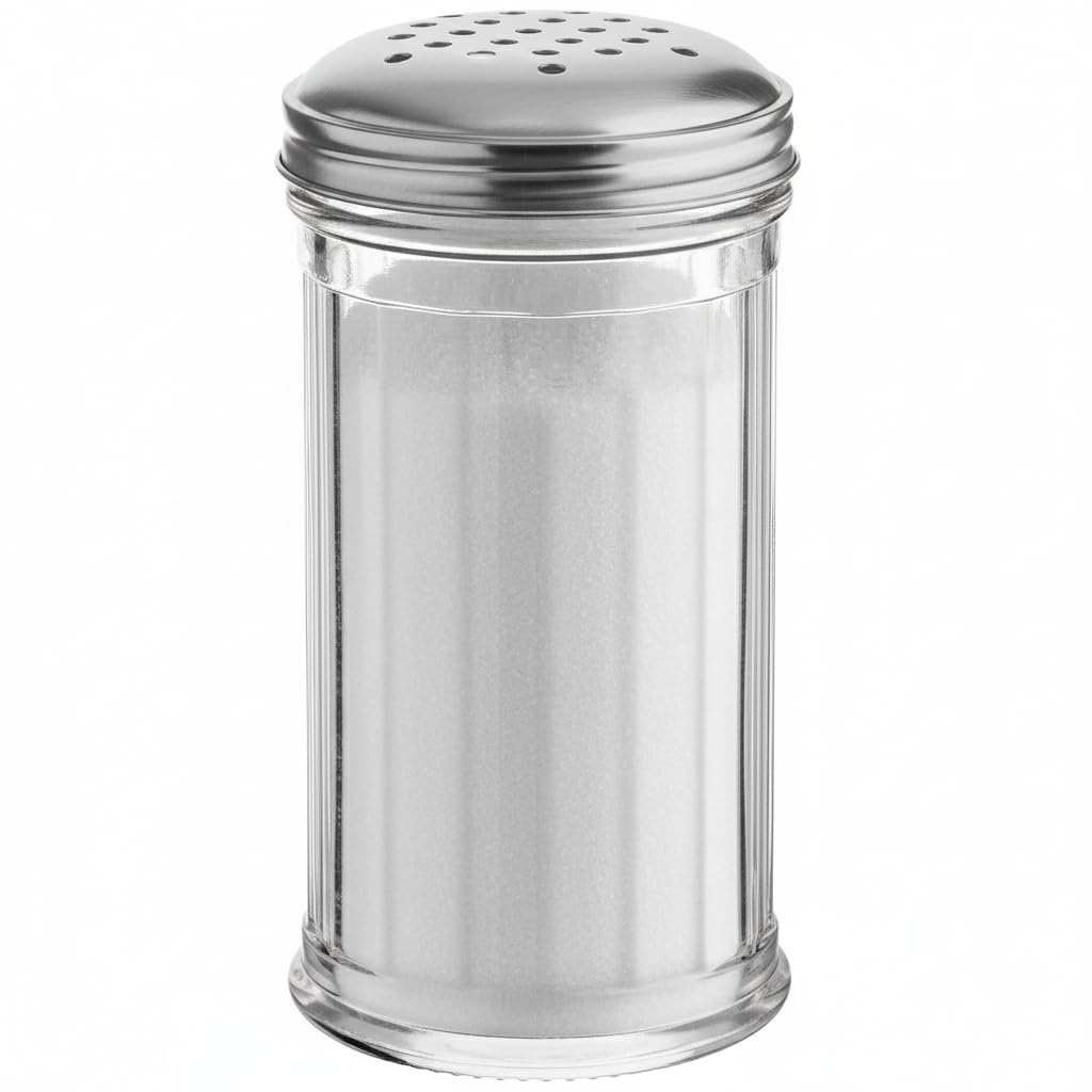 Juego de 36 cocteleras de plástico para queso parmesano de 12 onzas, con tapa de acero inoxidable con agujeros medianos, dispensador de azúcar y especias de plástico transparente (360 ml)