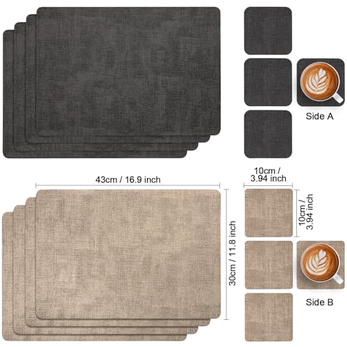 Myir JUN Tischsets Abwaschbar Leder und Untersetzer, Doppelseitigen Platzset rutschfest Platzdeckchen Kunstleder (Grau Beige, 4er Set)