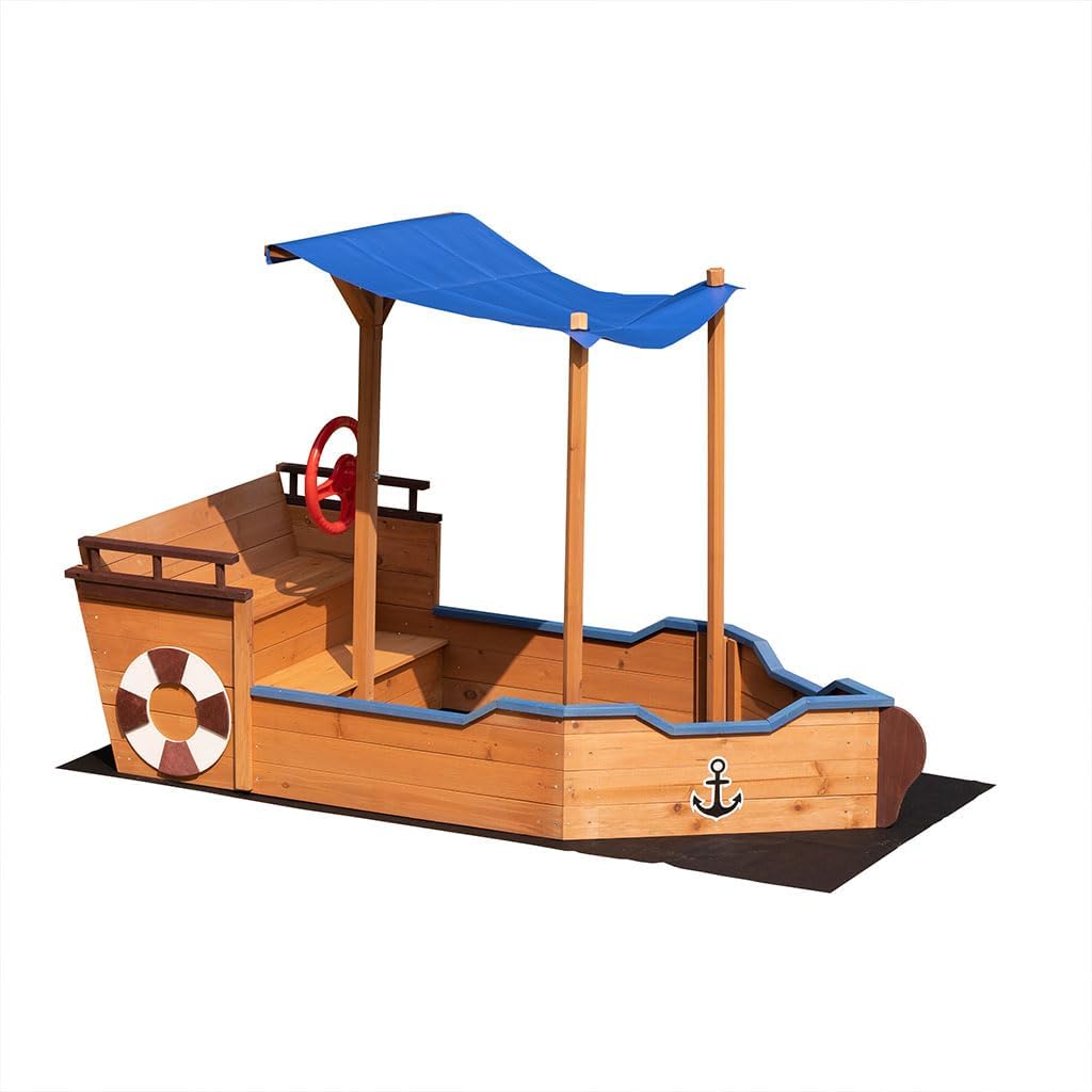 Large Pirate Ship Sandbox with Cover, Wooden Sand Box with 2 Foldable Bench Seats, Outdoor Sandpit Adjustable UV-Resistant Roof & Bottom Liner,Sand Box for Backyard,Beach