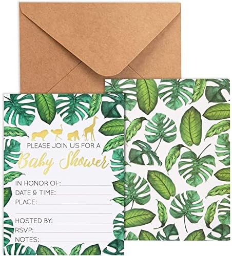 Baby Shower Invites - 36 Fill-in Baby Shower Invitations w/ Envelopes, Tropical Safari Animal Theme, Green Palm Leaves with Gold Foil Designs, Party Supplies for Baby Showers or Parties, 5 x 7 Inches