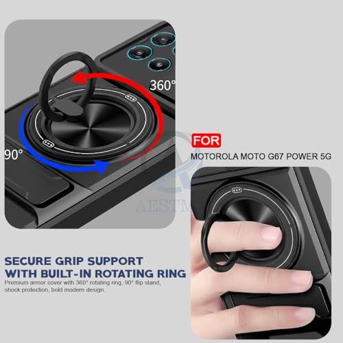Image of AESTMO Moto G67 Power / G57 Power 5G Back Cover | Armor Camera Slider 360 Degree Rotating Finger Ring Holder Case with Bracket Stand Back Case Cover (Compatible with MagSafe Accessories) (Black)