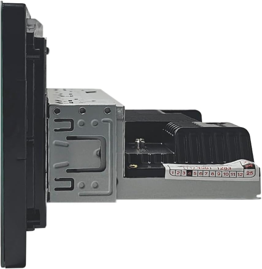 Side view of the multimedia unit showing the 1-DIN chassis and mounting points.