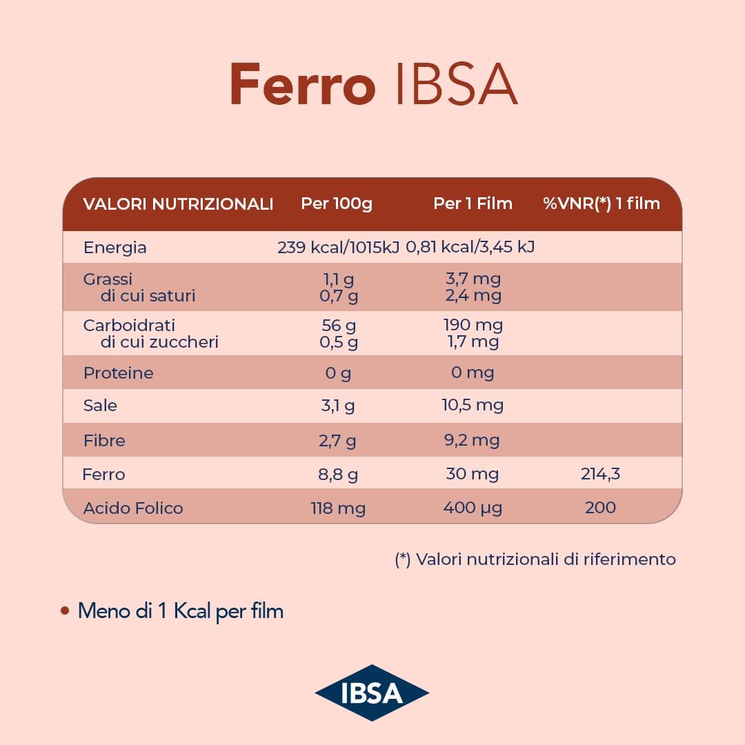 Ferro IBSA | 20 Film Orodispersibili. Integratore alimentare a base di Ferro e di Acido Folico che contribuiscono alla normale funzione del sistema immunitario e a ridurre stanchezza
