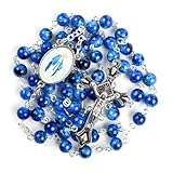 Kuesn Collar de rosario católico de amatista, 6 mm, cuentas de perlas moradas, rosas, cruz, collar religioso (azul zafiro), talla única, Vidrio, No es una piedra preciosa