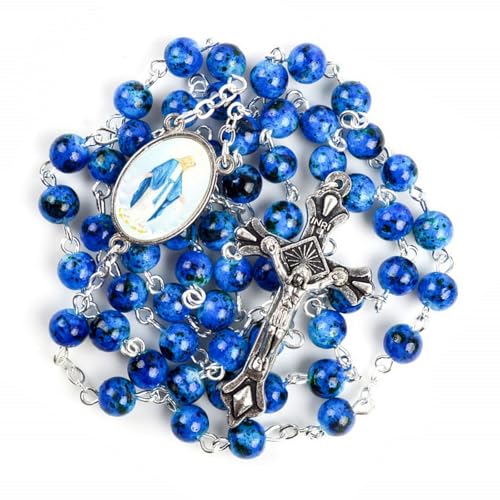 Kuesn Collar de rosario católico de amatista, 6 mm, cuentas de perlas moradas, rosas, cruz, collar religioso (azul zafiro), talla única, Vidrio, No es una piedra preciosa