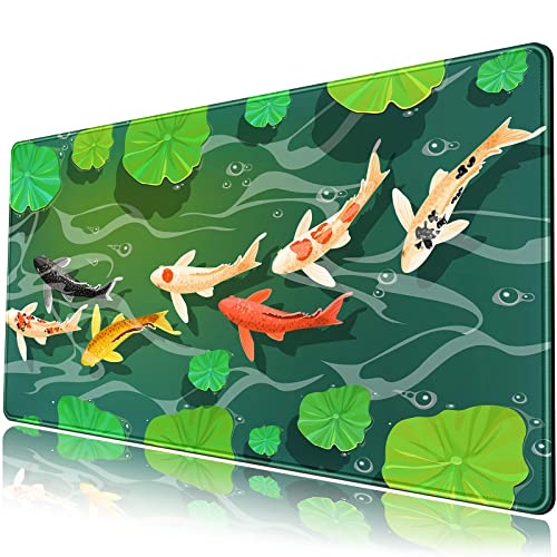 Tapis de Bureau Design Poisson Koi, Grand Tapis de Souris de Jeu Vert, entièrement étendu pour Bureau, Tapis d'ordinateur Portable et Clavier de Style Japonais, 80 x 40 cm, XL, Base en Caoutchouc