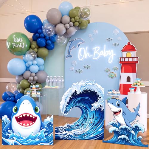 Image of 3 Pcs Shark Birthday Party Decorations Set, Huge Shark Ocean Wave Standee for Summer Ocean Baby Shower Party Under The Sea Photo Backdrop