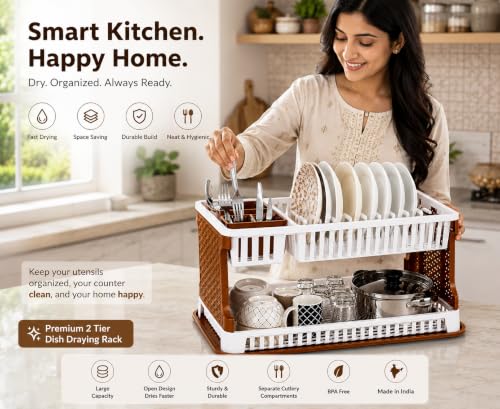 Image of JD FRESH 2 Tier Dish Drying Rack for Kitchen /Plastic Foldable Cutlery Holder for Countertop Rack /Compact Size Utensil Drainer Organizer with Water Tray /Space Saving Plate Stand (Brown)
