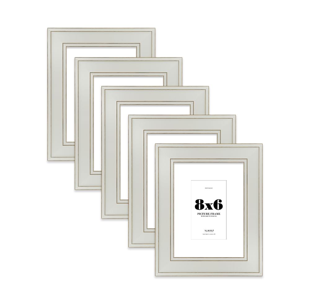 8x6" Light Grey Picture Frame with 5x3" Mount - Shabby Chic Photo Frame with Distressed Finish, Gold Trim, Wall Hooks and Kickstand, 37mm Edge - 5 Pack