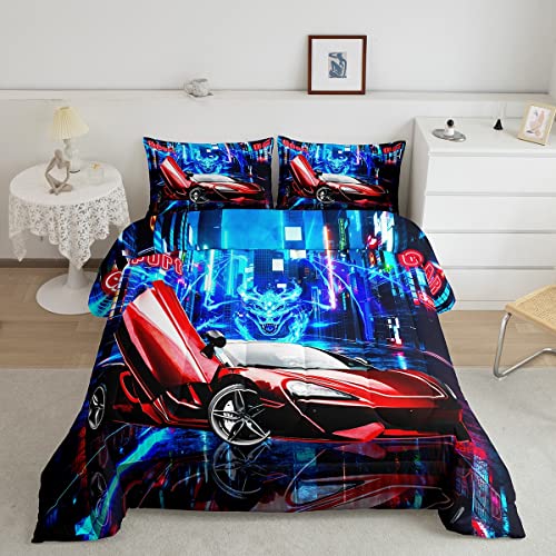 Red Race Car Comforter Boys Speed Sports Car Bedding Set for Kids Boys Girls Racing Car Comforter Set Extreme Sports Duvet Set 1 Comforter Set with 2 Pillowcases Full Size Boys