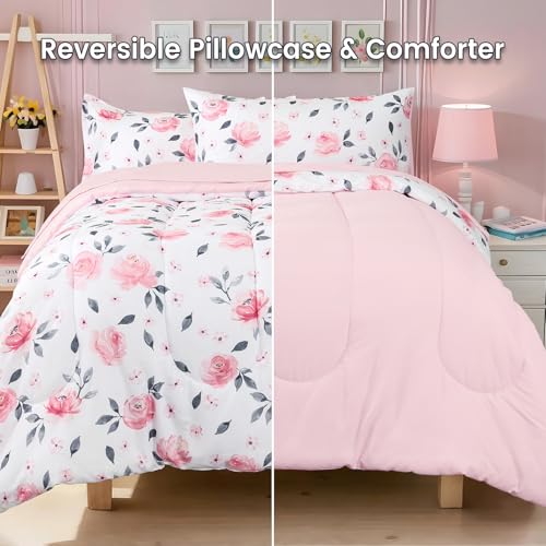 Image of PHF 5 Piece Kids Comforter Set, Ultra Soft Twin Size Comforter Sets Include Comforter, Fitted Sheet, Flat Top Sheet, Pillowcase, Sham for Girls, Floral Bed in A Bag for Baby Bedroom, Floral