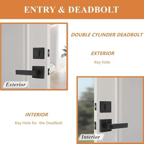 Probrico Flat Black Square Entry Levers Locksets And Double Cylinder Deadbolts Combination Set, Heavy Duty Front Door Office Entrance Levers, 3 Pack Keyed Alike(All Same Keys) #TOP3