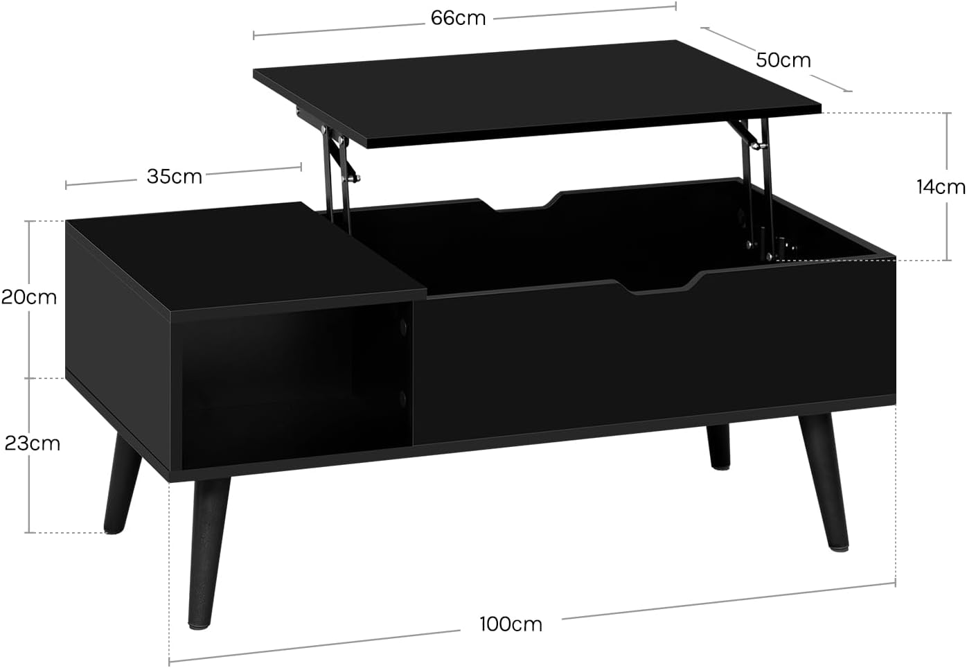 Technical diagram illustrating the dimensions of the WOLTU BTS26sz coffee table, including height adjustments and storage compartment measurements.