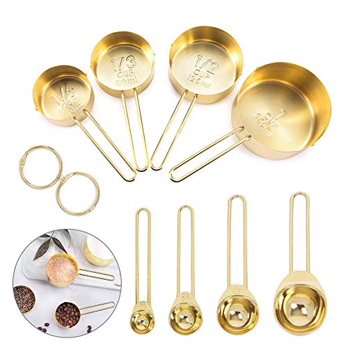 Global-store Measuring Spoons and Cups 8 Piece Stainless Steel Measuring Cups Spoons Set with Engraved Marking Ruler for Measuring Dry Liquid Ingredient Baking CookingMixingFood ProcessingGold