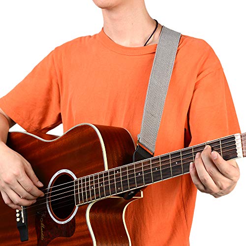 Bestsounds Guitar Strap 100% Soft Cotton & Genuine Leather Ends Guitar Shoulder Strap For Acoustic Guitar, Electric Guitar, Bass & Mandolins (Grey) #TOP5