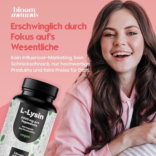 L-Lysin hochdosiert - 400 Kapseln mit 2000mg pures L Lysin pro Tagesportion. Aus pflanzlicher Fermentation - Kapseln - Vegan und produziert in Deutschland - Verpackung kann variieren