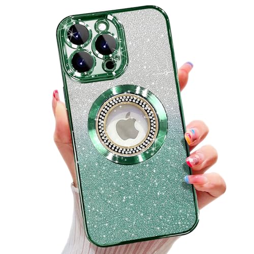Image of Misscase for iPhone 14 Pro Magnetic Case Compatible with MagSafe,Full Protection Slim Shockproof Anti-Scratch Glitter Case with Camera Lens Protector Logo View Dust-Proof Net for Women Green